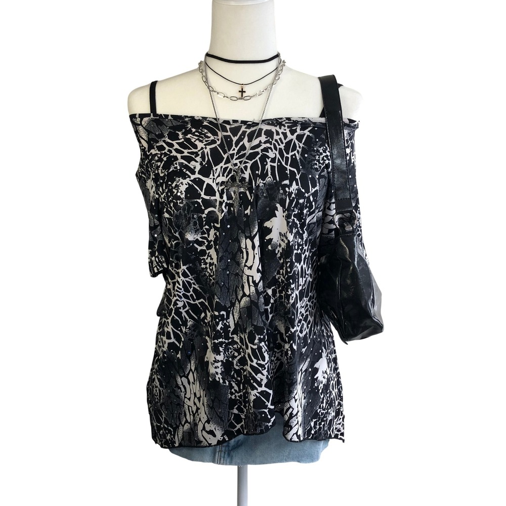 Vintage Y2K Abstract Web Grunge Top Sequin Slouchy V-Neck Womens L Black White
